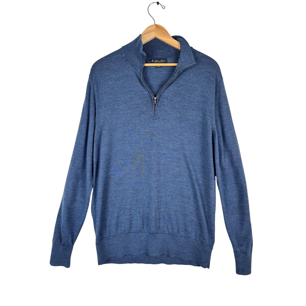 Brooks Brothers Sweater Men's Large Merino Wool Quarter Zip Blue Mock Office